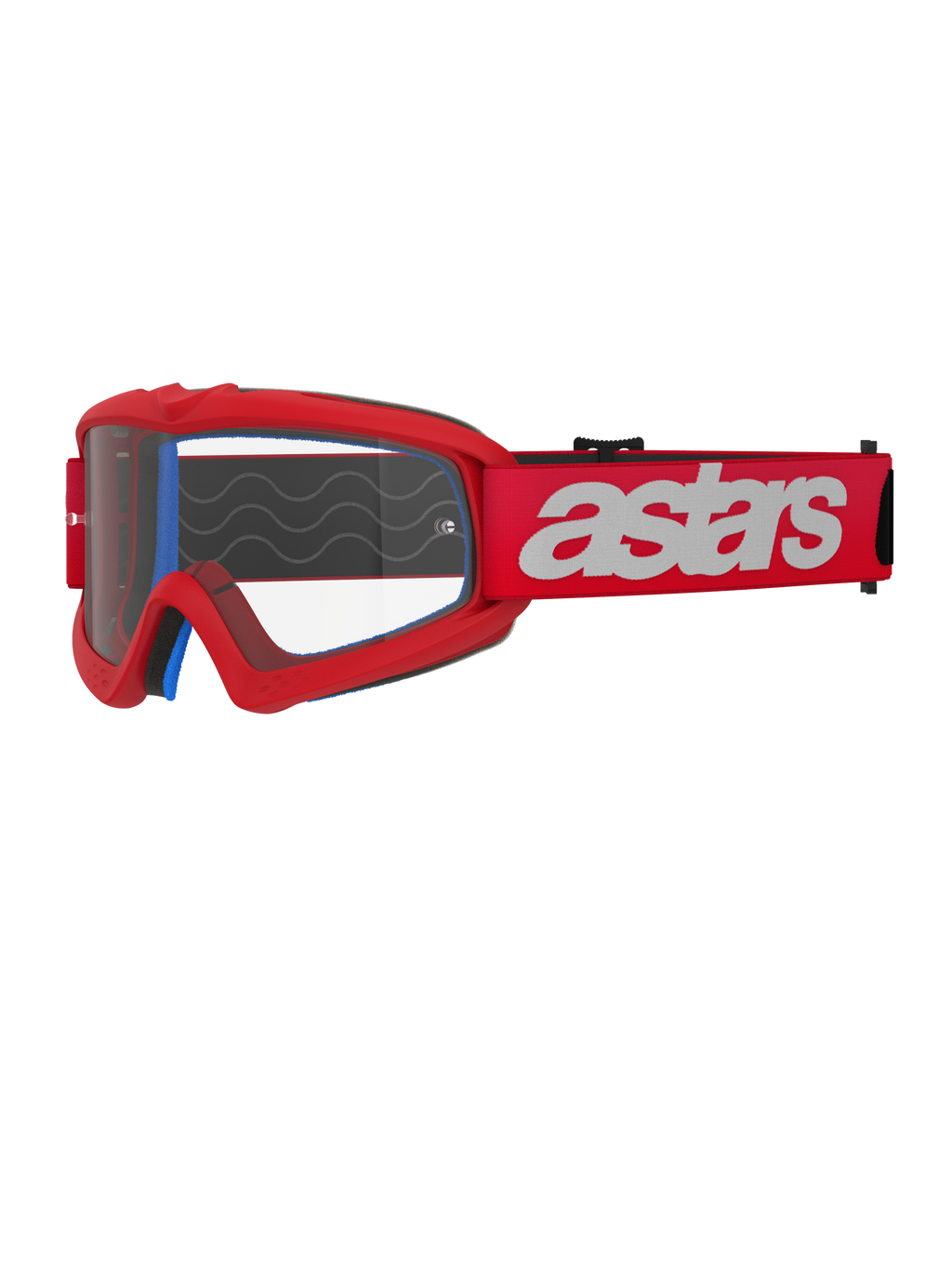 Alpinestars Vision Youth Blaze briller, motocrossbriller til unge, rød og hvid, klar linse med tear-off-stifter, blå indvendig polstring, rød rem med hvidt logo og silikone-bølgemønster for greb, højtydende øjenbeskyttelse til off-road kørsel til unge