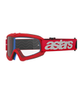 Alpinestars Vision Youth Blaze briller, motocrossbriller til unge, rød og hvid, klar linse med tear-off-stifter, blå indvendig polstring, rød rem med hvidt logo og silikone-bølgemønster for greb, højtydende øjenbeskyttelse til off-road kørsel til unge