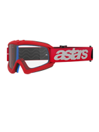 Alpinestars Vision Youth Blaze briller, motocrossbriller til unge, rød og hvid, klar linse med tear-off-stifter, blå indvendig polstring, rød rem med hvidt logo og silikone-bølgemønster for greb, højtydende øjenbeskyttelse til off-road kørsel til unge