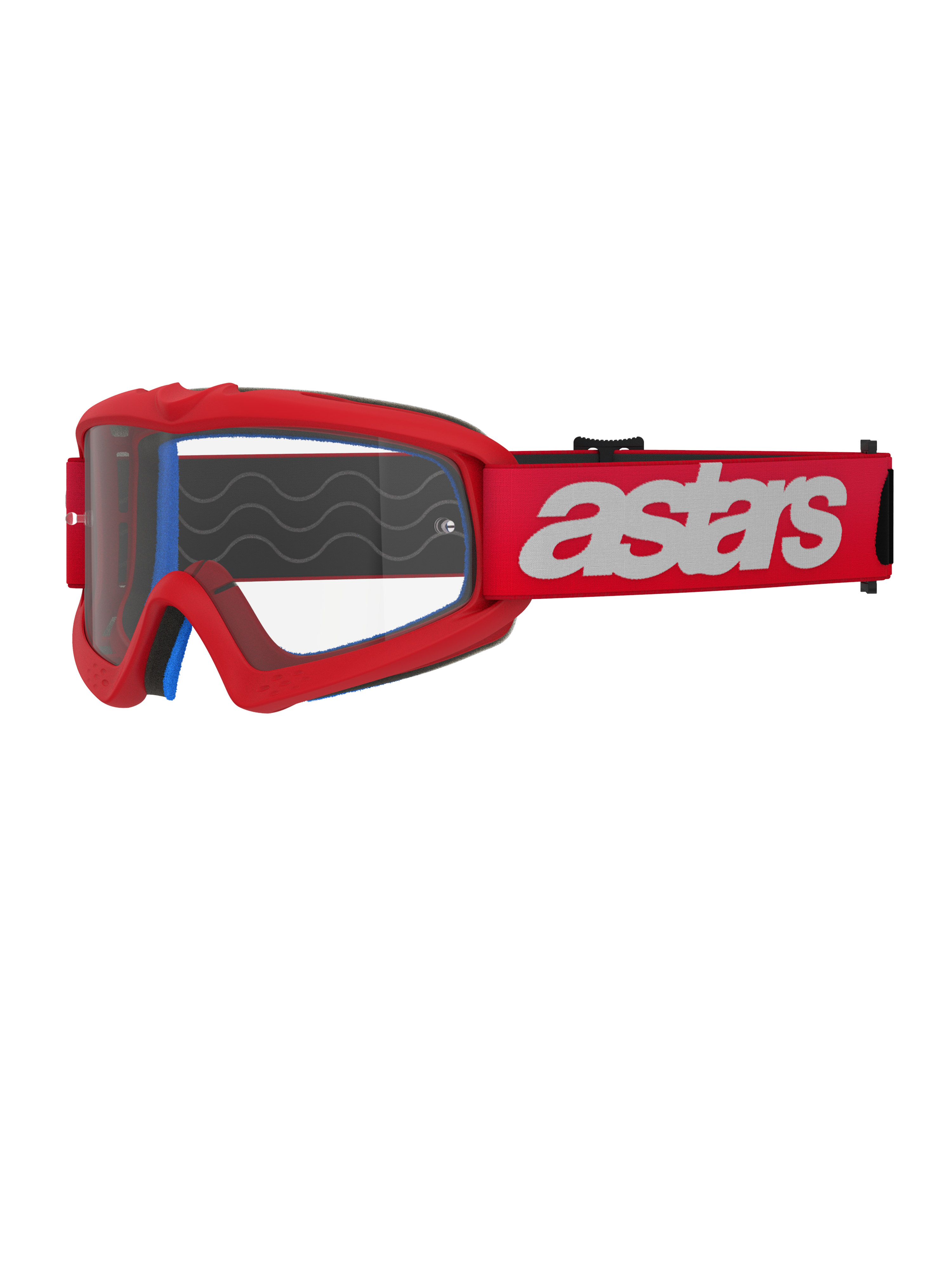 Alpinestars Vision Youth Blaze briller, motocrossbriller til unge, rød og hvid, klar linse med tear-off-stifter, blå indvendig polstring, rød rem med hvidt logo og silikone-bølgemønster for greb, højtydende øjenbeskyttelse til off-road kørsel til unge