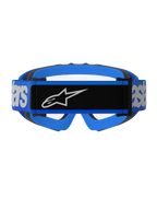 Alpinestars Vision Youth Blaze Goggles, motocross-briller, blå og klar, set bagfra med en bred blå rem med et sort midterpanel og hvidt Alpinestars-logo, blå og sort skumpolstring, gennemsigtig linse