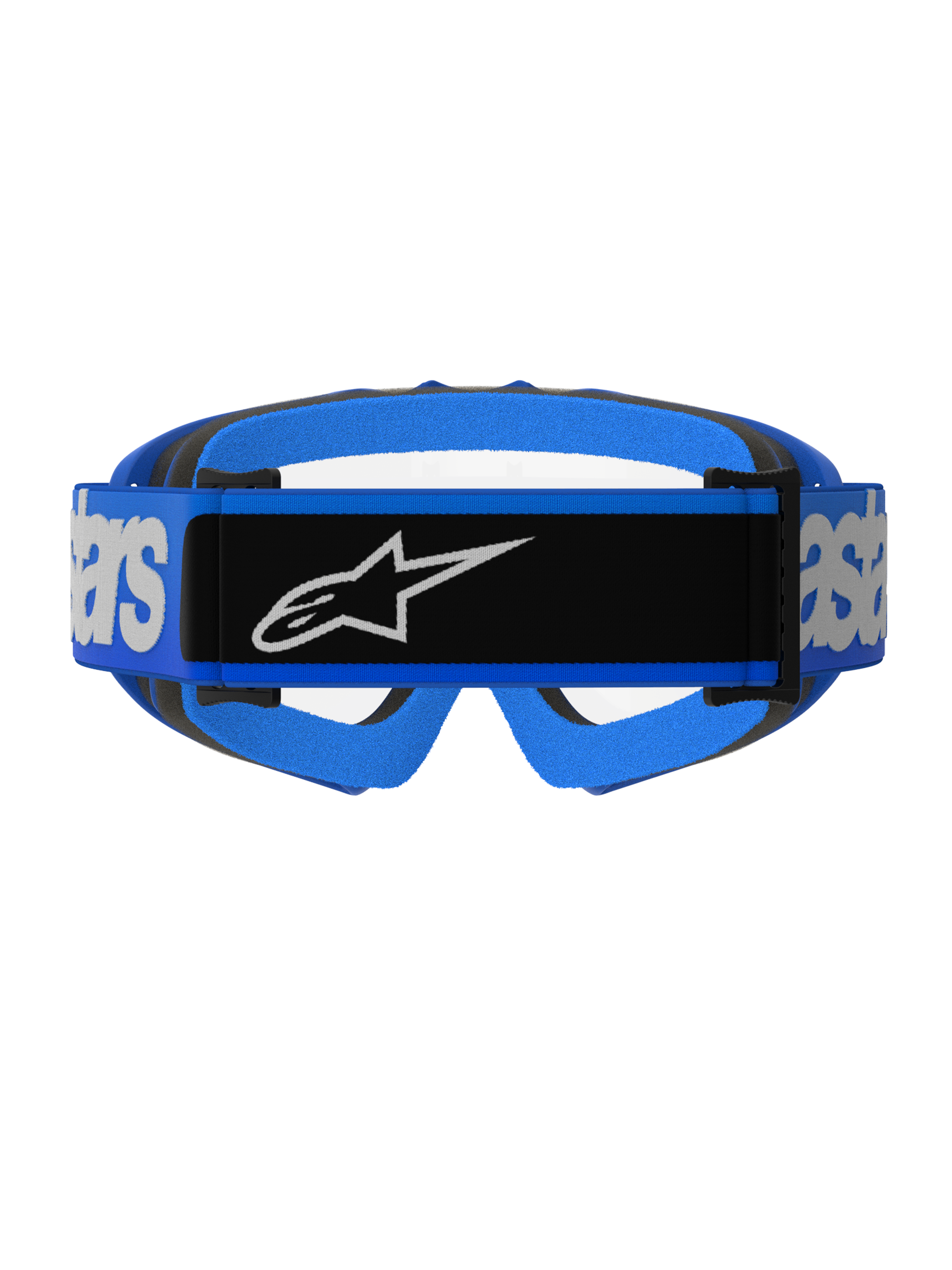 Alpinestars Vision Youth Blaze Goggles, motocross-briller, blå og klar, set bagfra med en bred blå rem med et sort midterpanel og hvidt Alpinestars-logo, blå og sort skumpolstring, gennemsigtig linse