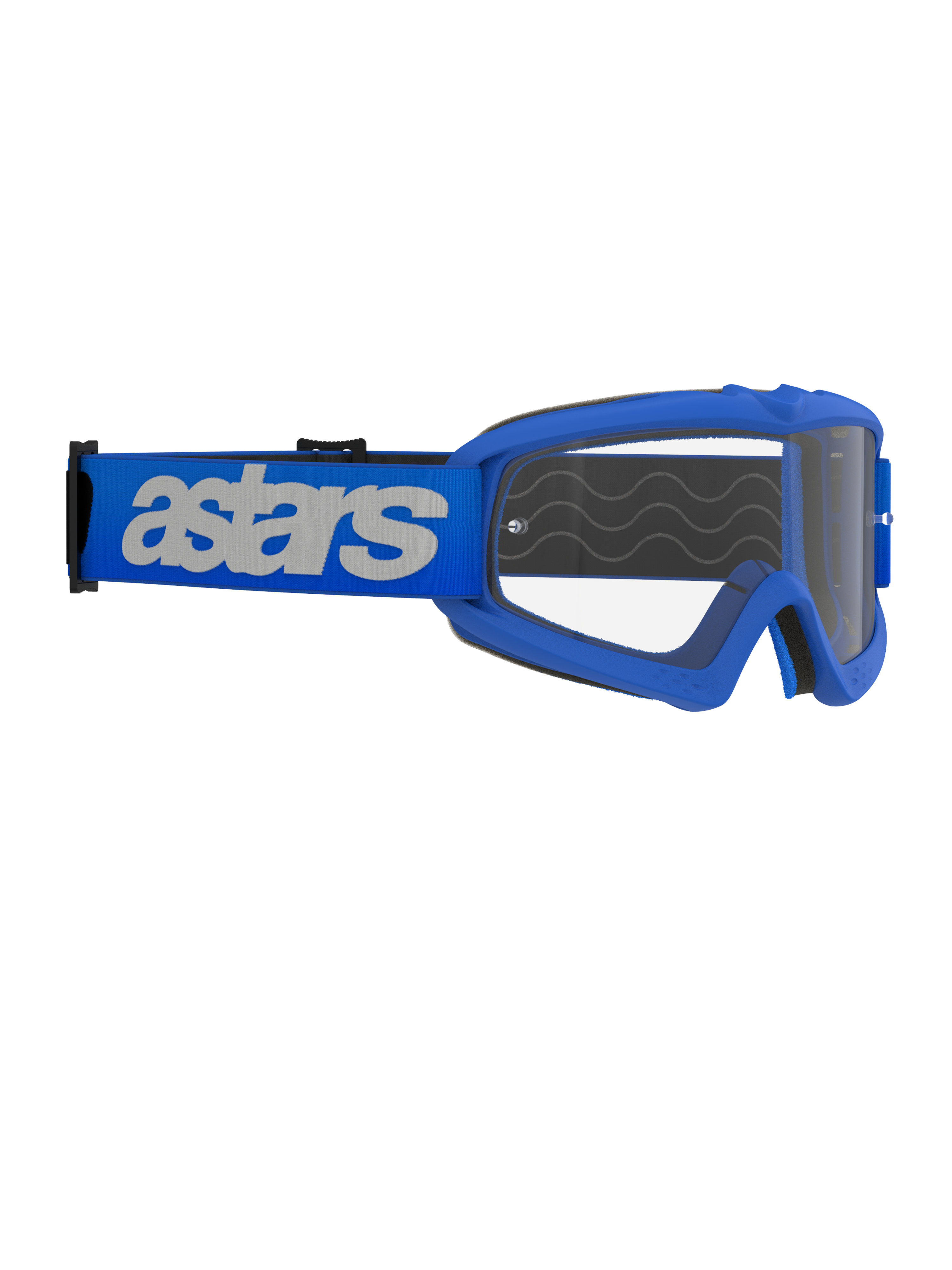 Alpinestars Vision Youth Blaze Goggles, motocross-briller, blå og klar, med blå ramme og klar anti-dug linse, bred blå rem med hvidt 'astars' logo, designet til unge kørere og mindre ansigtsformer, professionelt off-road udstyr