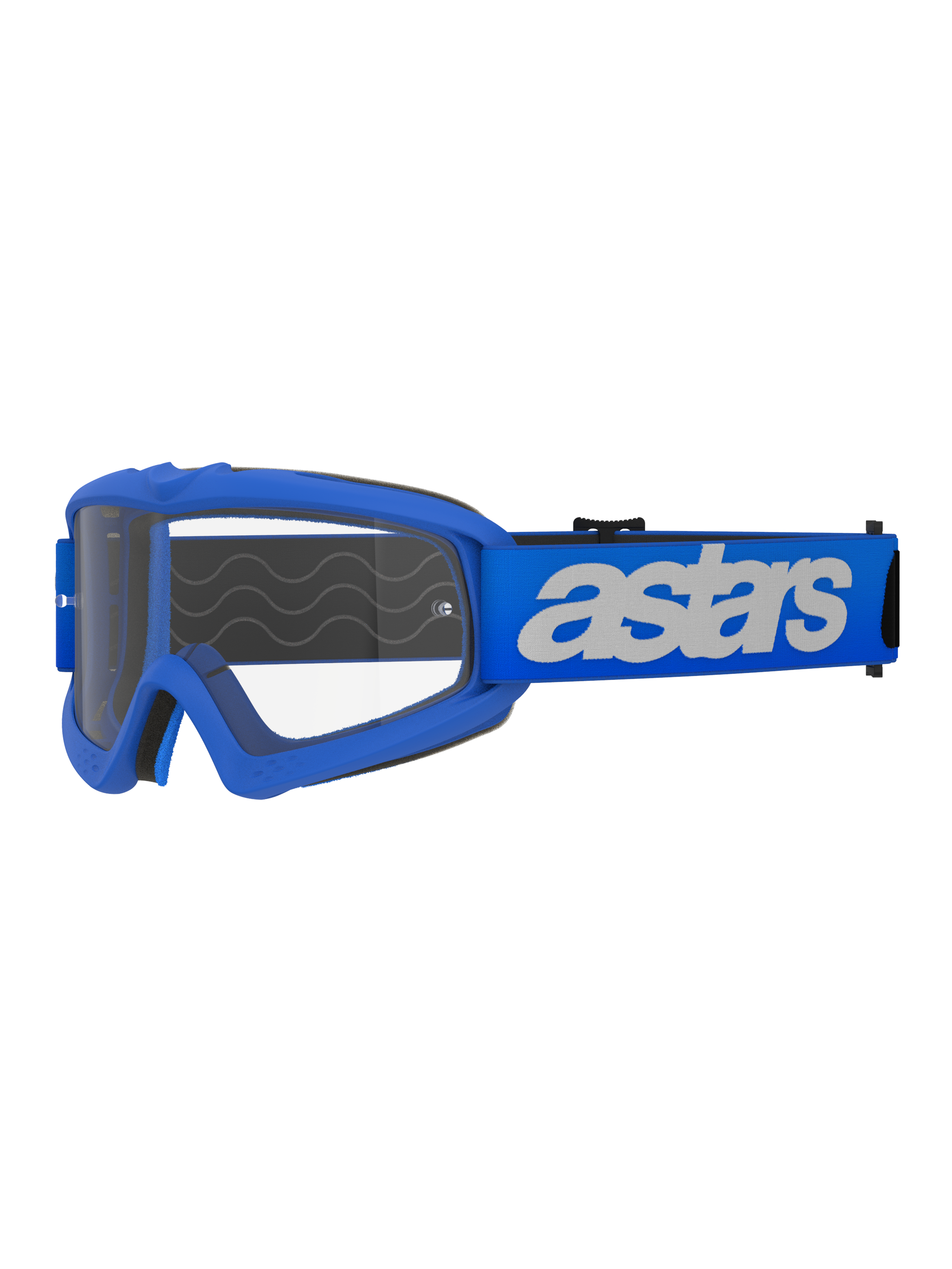 Alpinestars Vision Youth Blaze Goggles, motocross- og off-road-briller, blå ramme og rem med hvidt astars-logo, klar polycarbonatlinse, ungdomsspecifik pasform til mindre hjelme, holdbart beskyttelsesudstyr til racing