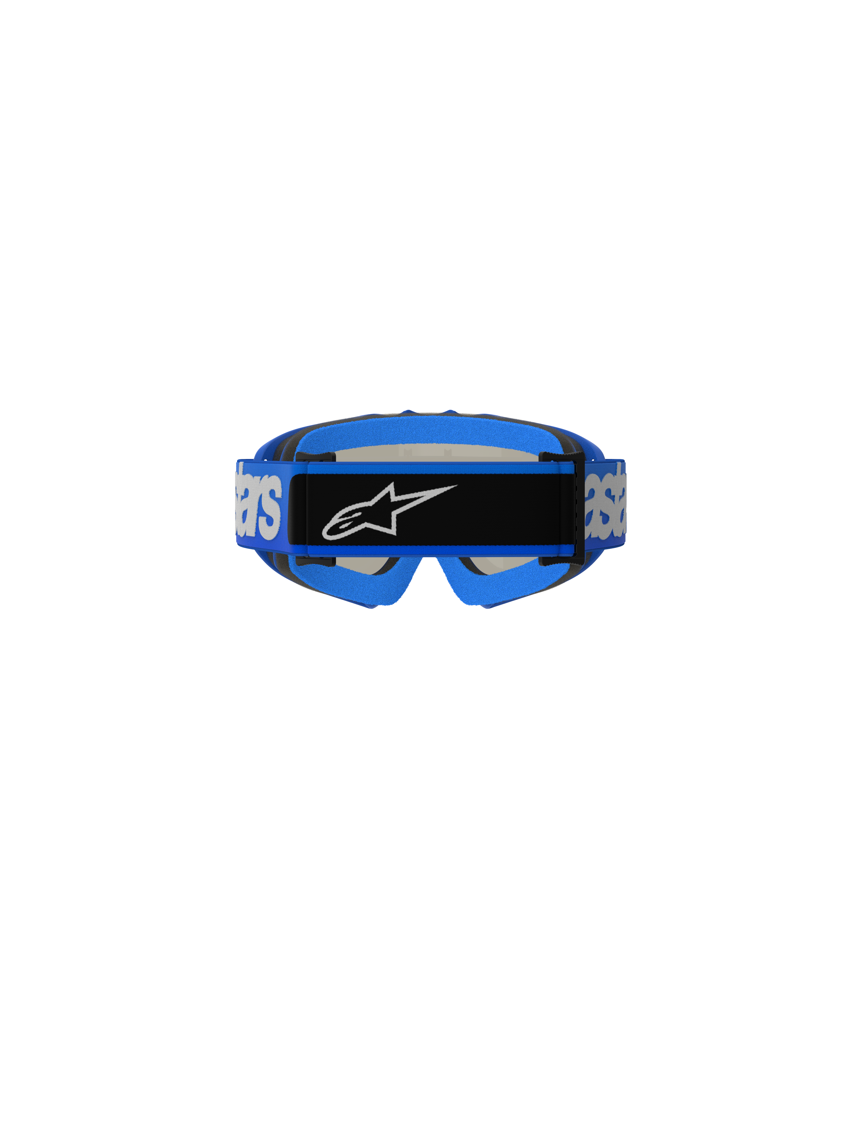 Alpinestars Vision Youth Blaze Goggles, motocross-briller, blå, set bagfra, viser blå vævet rem med hvidt Alpinestars-branding og sort centerlogoplade, blå skumpolstring, designet til off-road racing til unge