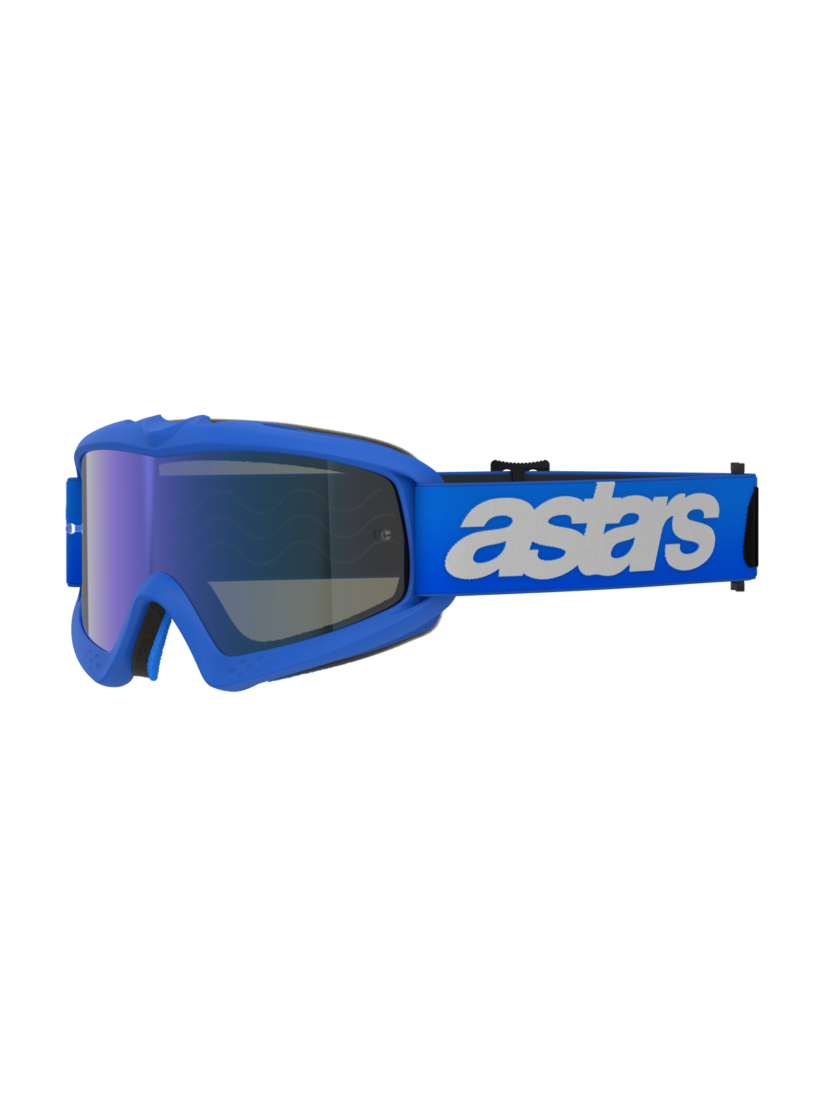 Alpinestars Vision Youth Blaze-briller, motocrossbriller, Blue Mirror Blue, blå ramme med blå spejlet anti-dug linse, justerbar blå rem med hvidt "astars"-logo, specialiserede beskyttelsesbriller til unge kørere
