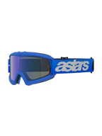 Alpinestars Vision Youth Blaze-briller, motocrossbriller, Blue Mirror Blue, blå ramme med blå spejlet anti-dug linse, justerbar blå rem med hvidt "astars"-logo, specialiserede beskyttelsesbriller til unge kørere