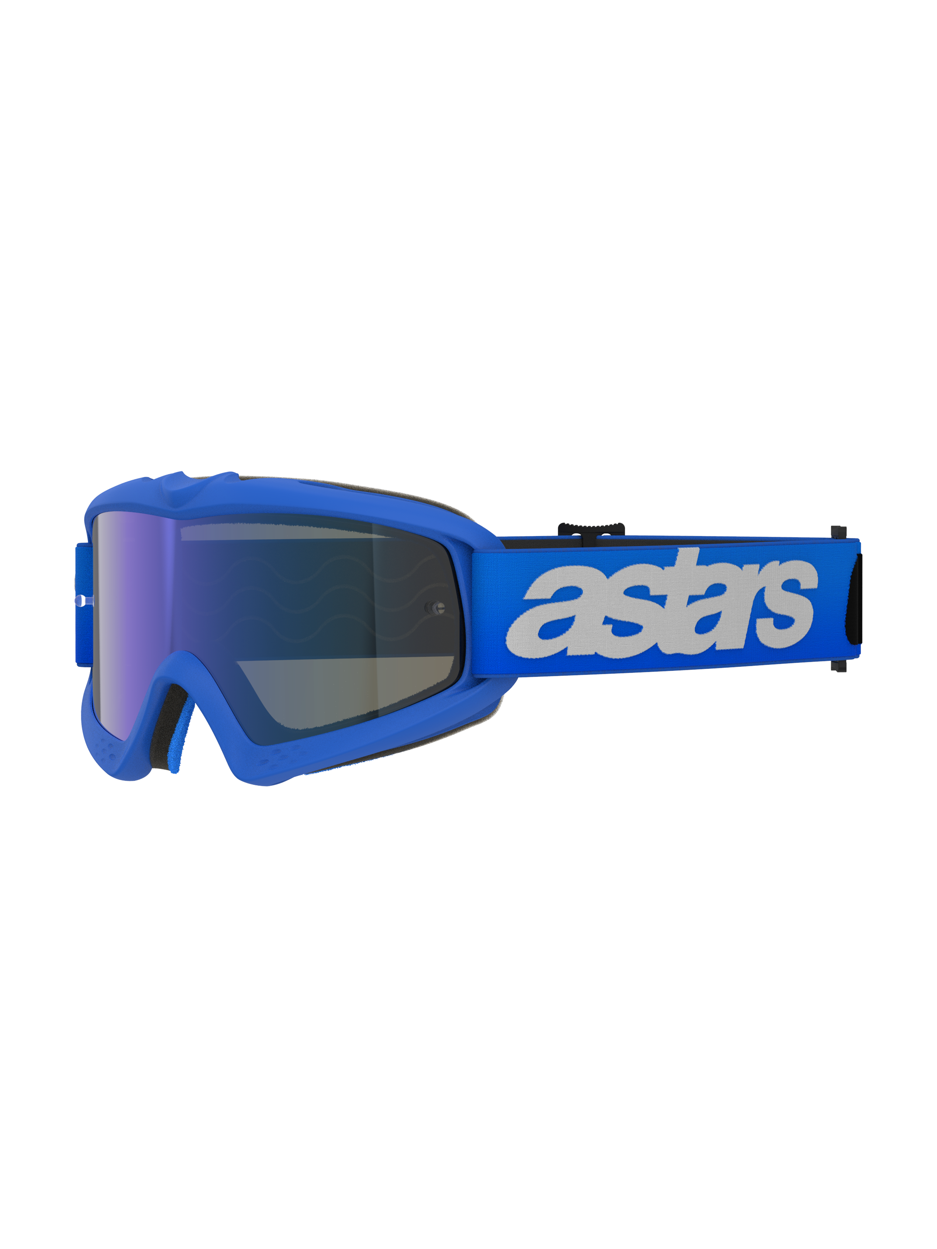 Alpinestars Vision Youth Blaze-briller, motocrossbriller, Blue Mirror Blue, blå ramme med blå spejlet anti-dug linse, justerbar blå rem med hvidt "astars"-logo, specialiserede beskyttelsesbriller til unge kørere