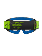 Alpinestars Vision Youth Hollow Goggles, Motocross Goggles, Charcoal and Fluo Yellow, rear view featuring the 'ALPINESTARS ONE GOAL. ONE VISION.' slogan on the strap, bright blue face foam, youth-specific motocross eyewear