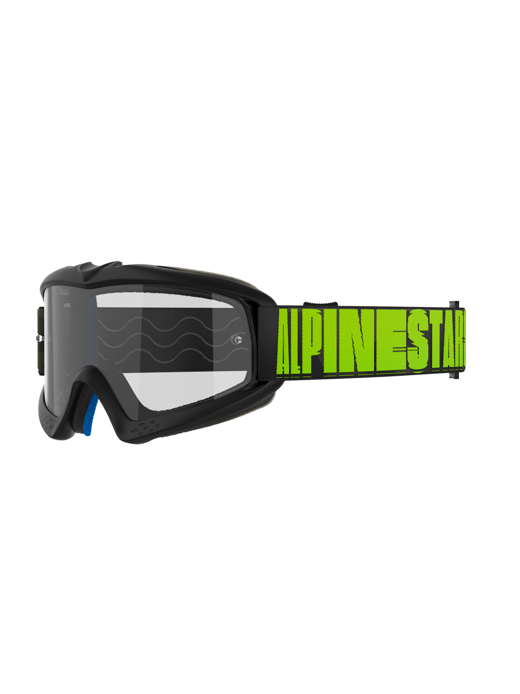 Alpinestars Vision Youth Hollow og Vision 5 Hollow Goggles, motocross- og off-road-briller, koksgråt stel med neongul Alpinestars-skrift på sort rem, klar linse, blåt indvendigt skumlag, moderne strømlinet design til unge og voksne kørere