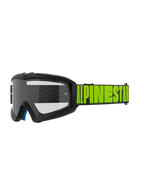 Alpinestars Vision Youth Hollow og Vision 5 Hollow Goggles, motocross- og off-road-briller, koksgråt stel med neongul Alpinestars-skrift på sort rem, klar linse, blåt indvendigt skumlag, moderne strømlinet design til unge og voksne kørere