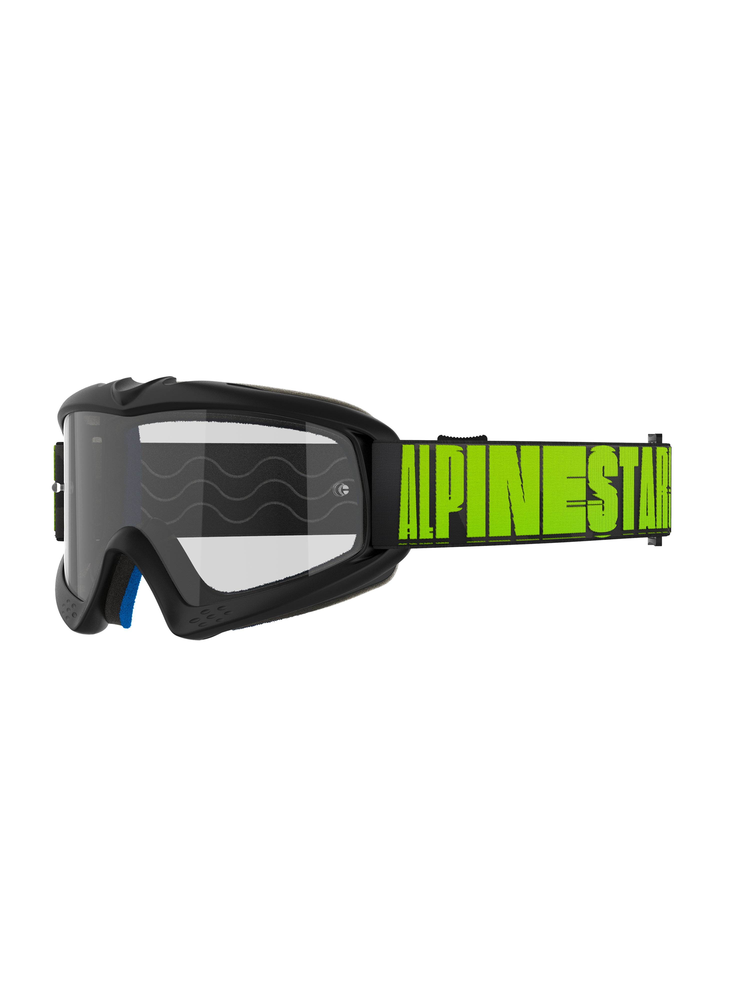 Alpinestars Vision Youth Hollow og Vision 5 Hollow Goggles, motocross- og off-road-briller, koksgråt stel med neongul Alpinestars-skrift på sort rem, klar linse, blåt indvendigt skumlag, moderne strømlinet design til unge og voksne kørere