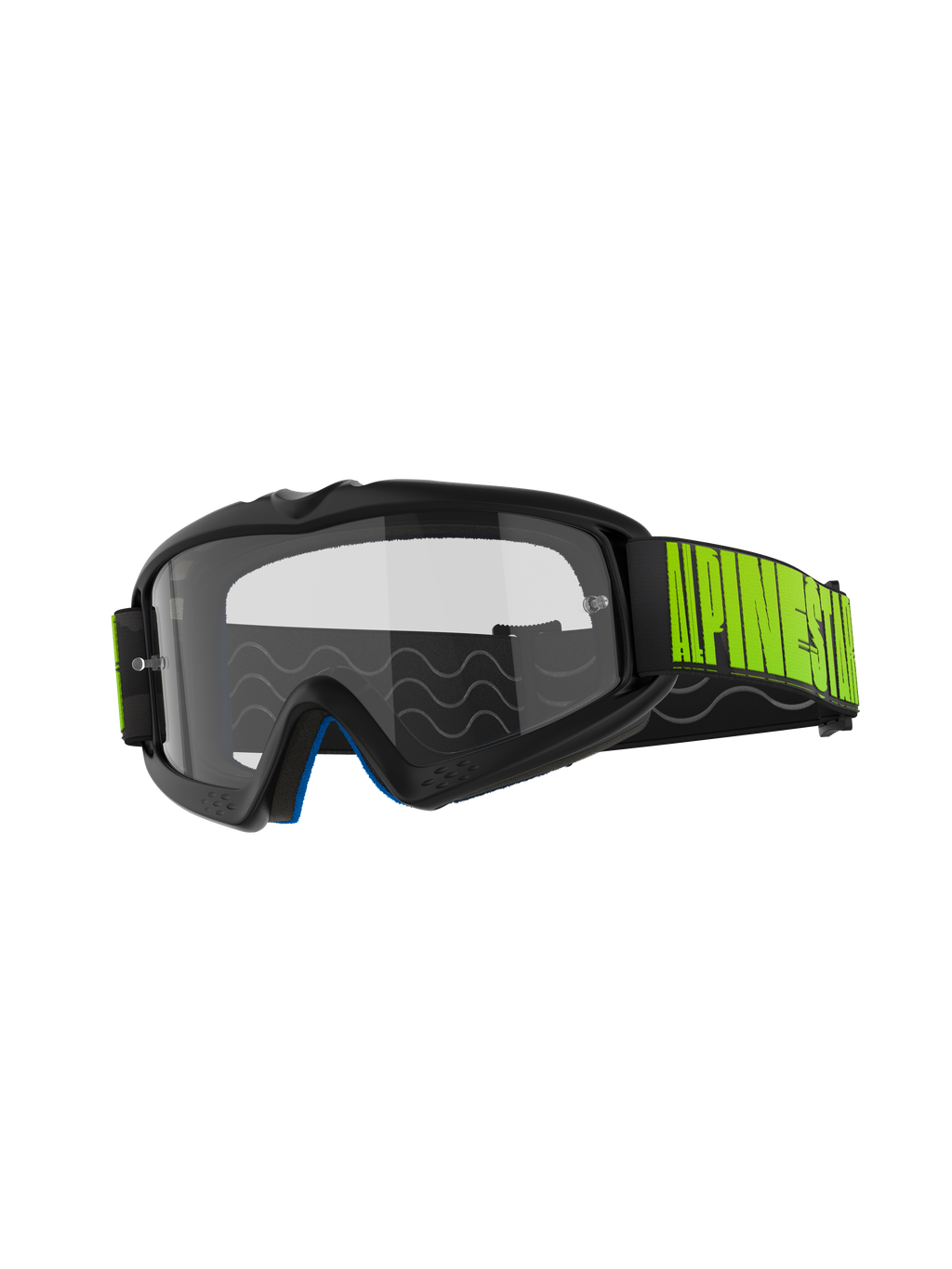 Alpinestars Vision Youth Hollow goggles, motocross-briller, koksgrå ramme med klar anti-dug linse, sort rem med markant fluorescerende gul branding, blåt indvendigt skum, designet til unge kørere til off-road kørsel