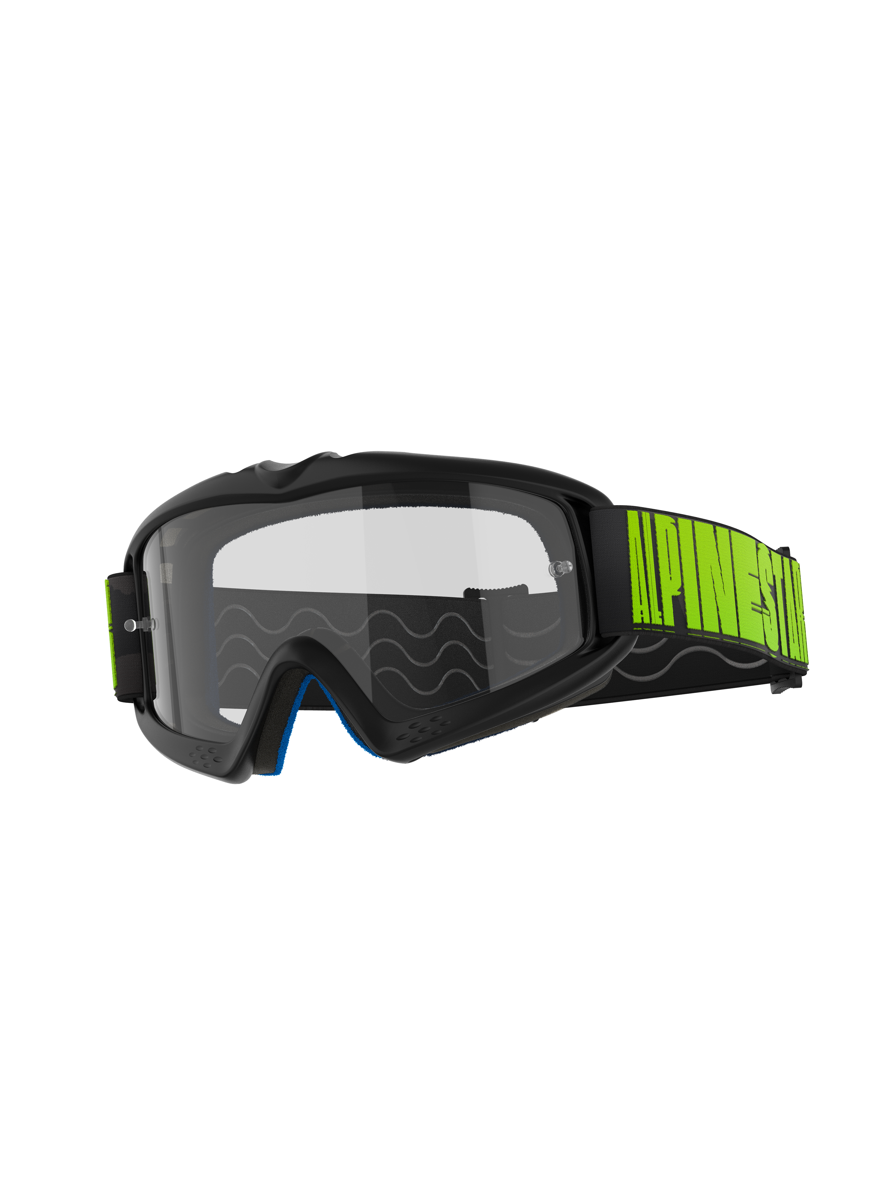 Alpinestars Vision Youth Hollow goggles, motocross-briller, koksgrå ramme med klar anti-dug linse, sort rem med markant fluorescerende gul branding, blåt indvendigt skum, designet til unge kørere til off-road kørsel