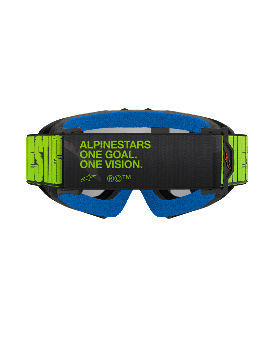 Alpinestars Vision Youth Hollow-briller, professionelle motocross-briller til unge, set bagfra med en fluorescerende gul rem med sort 'One Goal. One Vision.' tekst, blåt ansigtsskum og koksgrå ramme