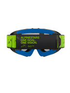 Alpinestars Vision Youth Hollow-briller, professionelle motocross-briller til unge, set bagfra med en fluorescerende gul rem med sort 'One Goal. One Vision.' tekst, blåt ansigtsskum og koksgrå ramme