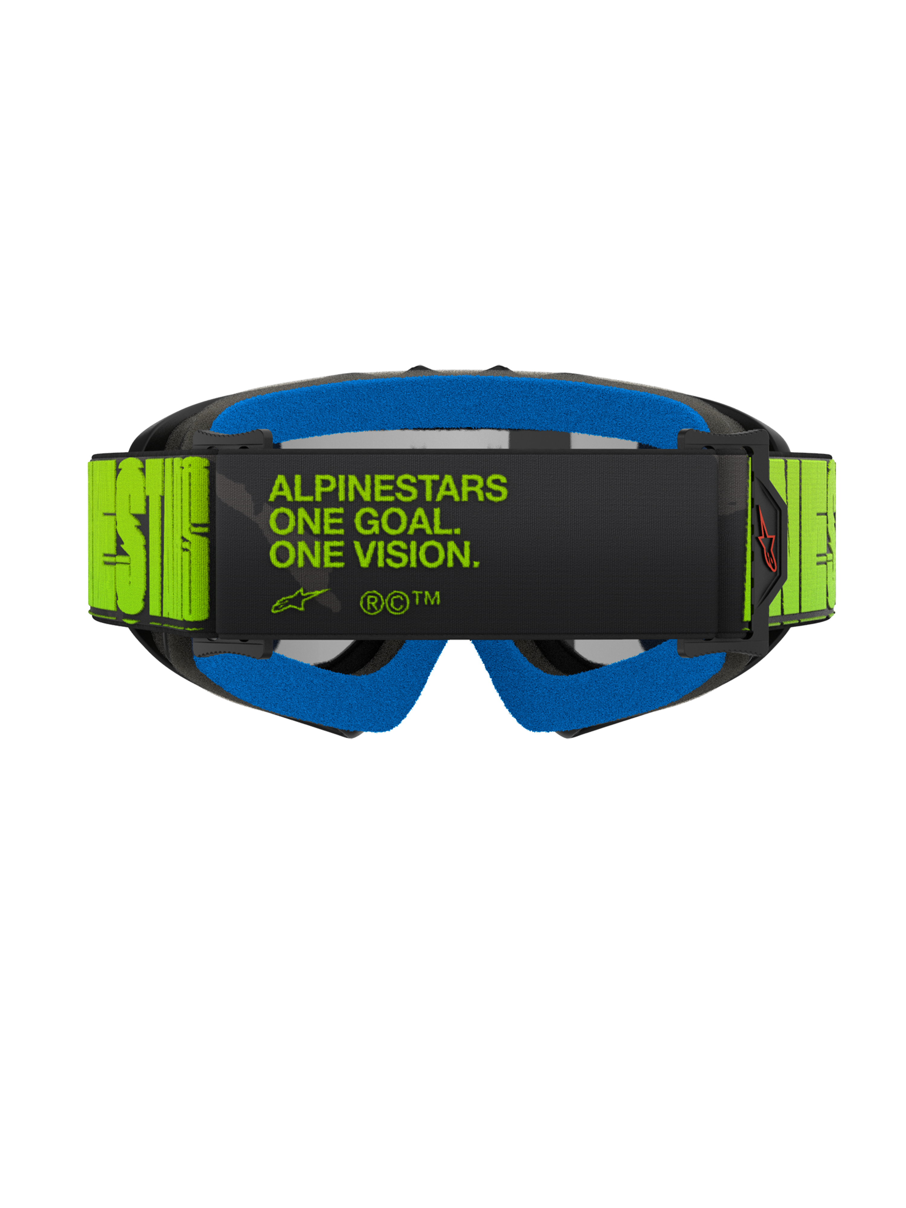 Alpinestars Vision Youth Hollow-briller, professionelle motocross-briller til unge, set bagfra med en fluorescerende gul rem med sort 'One Goal. One Vision.' tekst, blåt ansigtsskum og koksgrå ramme