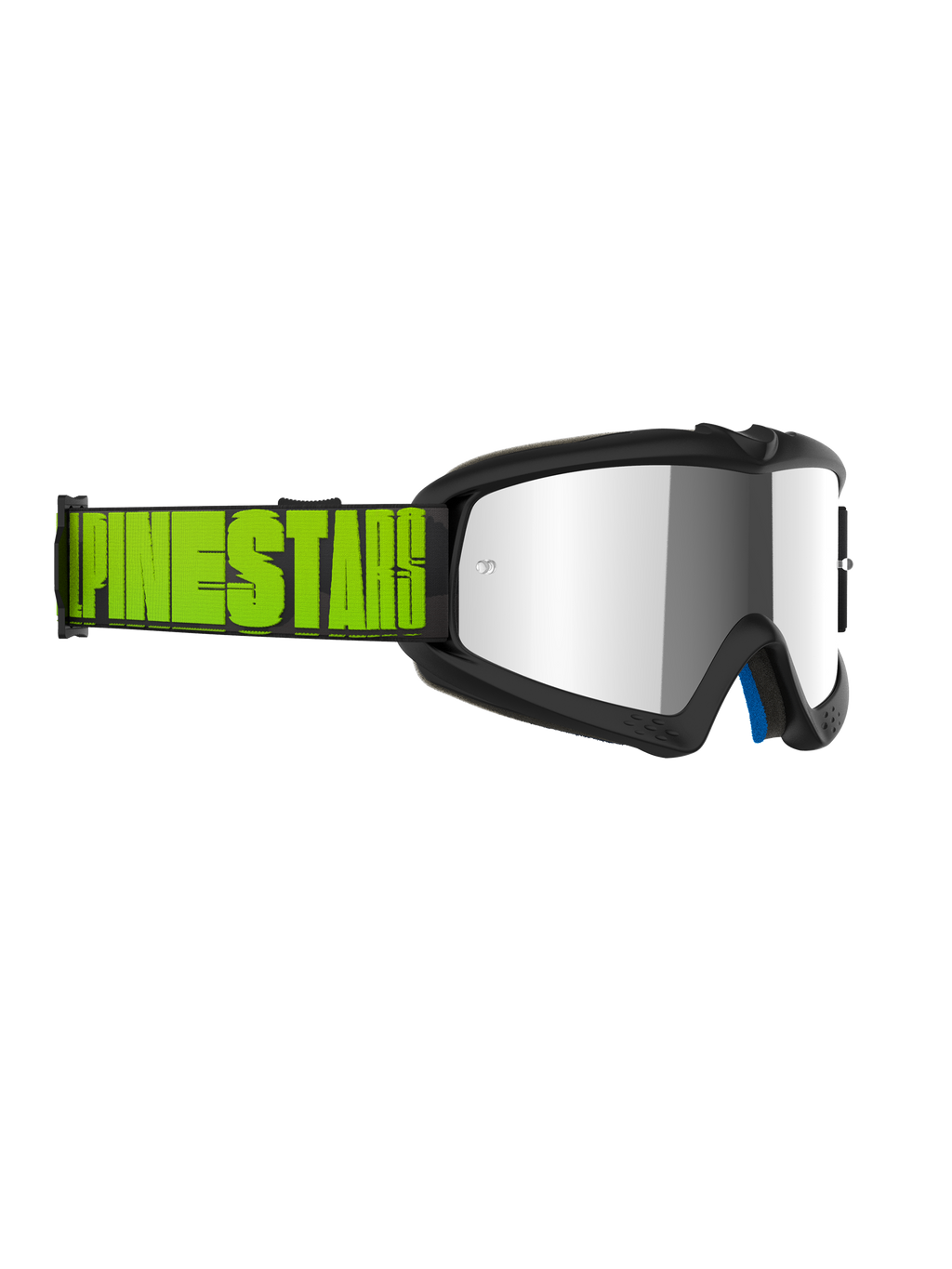 Alpinestars Vision Youth Hollow Goggles, motocross-briller til unge, koksgrå ramme med sølvfarvet spejllinse, fluo-gul og sort rem med markant Alpinestars-branding, professionel øjenbeskyttelse til off-road racing