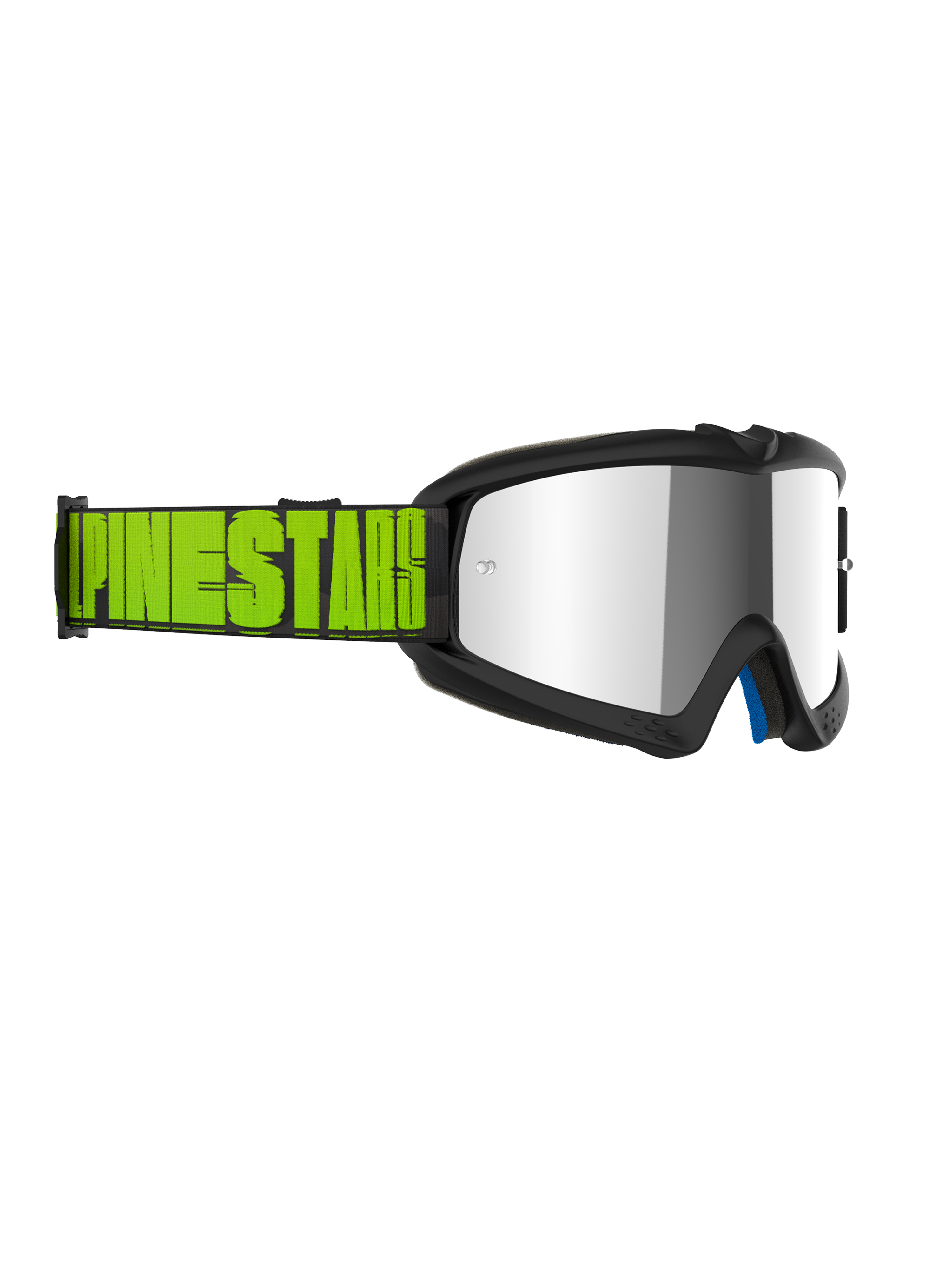 Alpinestars Vision Youth Hollow Goggles, motocross-briller til unge, koksgrå ramme med sølvfarvet spejllinse, fluo-gul og sort rem med markant Alpinestars-branding, professionel øjenbeskyttelse til off-road racing