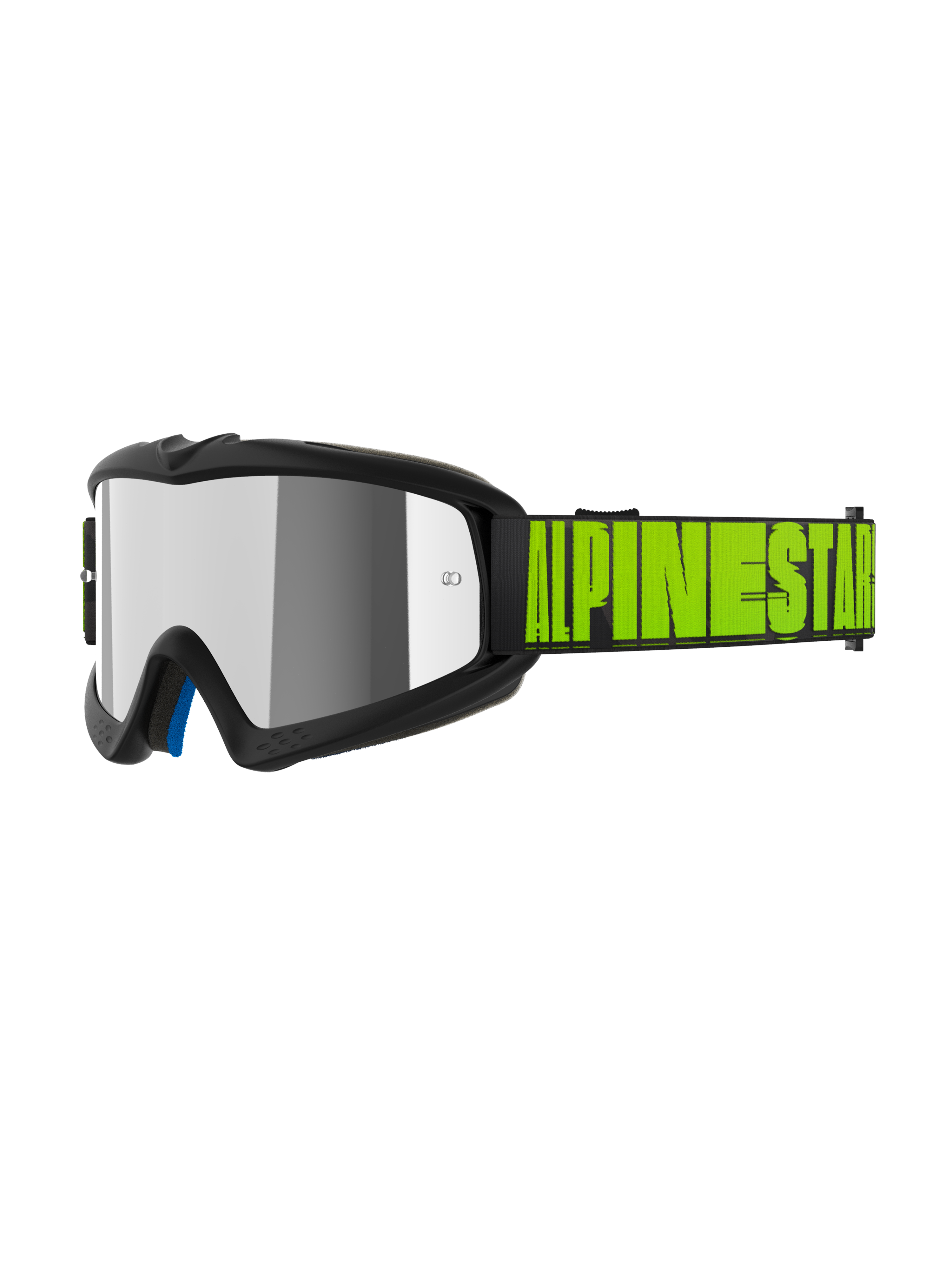 Alpinestars Vision Youth Hollow Goggles, motocross-briller til unge, koksgrå og neongul, reflekterende sølvspejllinse, sort rem med markant neongult Alpinestars-logo, blå indvendig polstring, specialiseret pasform til unge kørere
