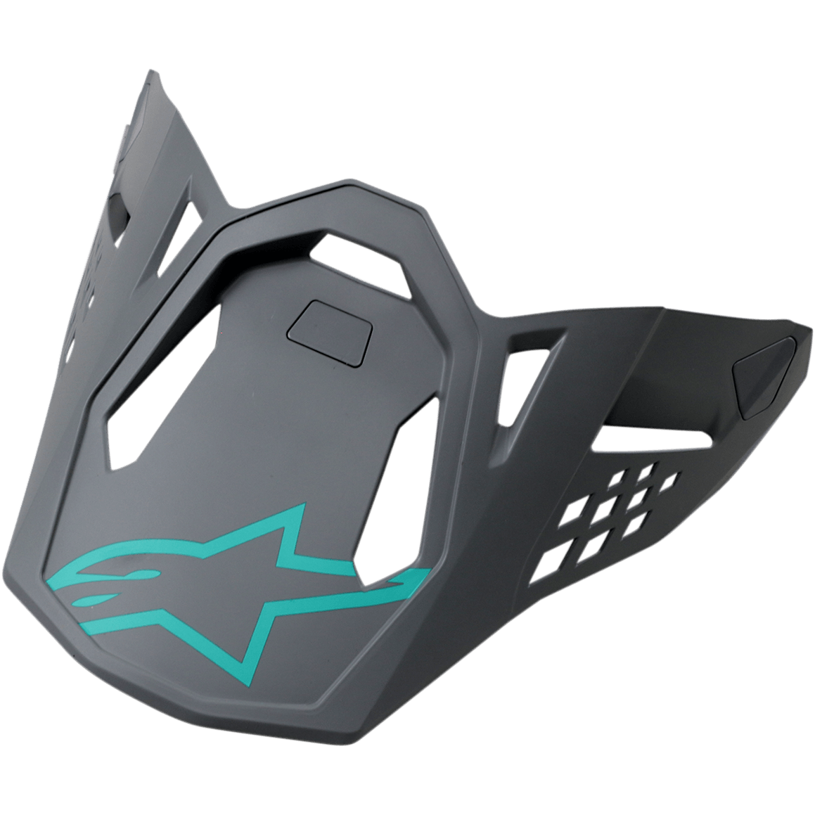 Alpinestars S-M8 hjelmvisir, Radium Blue Gray Green, mørkegrå udskiftelig hjelmskygge med turkis Alpinestars stjerne-logo, med geometriske udskæringer og et vinklet mat design til motocross-hjelme