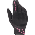 Alpinestars Stella Copper Women's Gloves, Urban Motorcycle Gloves, Black and Fuchsia, featuring breathable mesh textile with covered hard knuckle protection, pink Alpinestars branding on the index finger and cuff