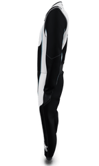 Alpinestars Tech Vision V3 Custom Suit, side profile black and white FIA auto racing suit, fire-retardant Nomex construction.