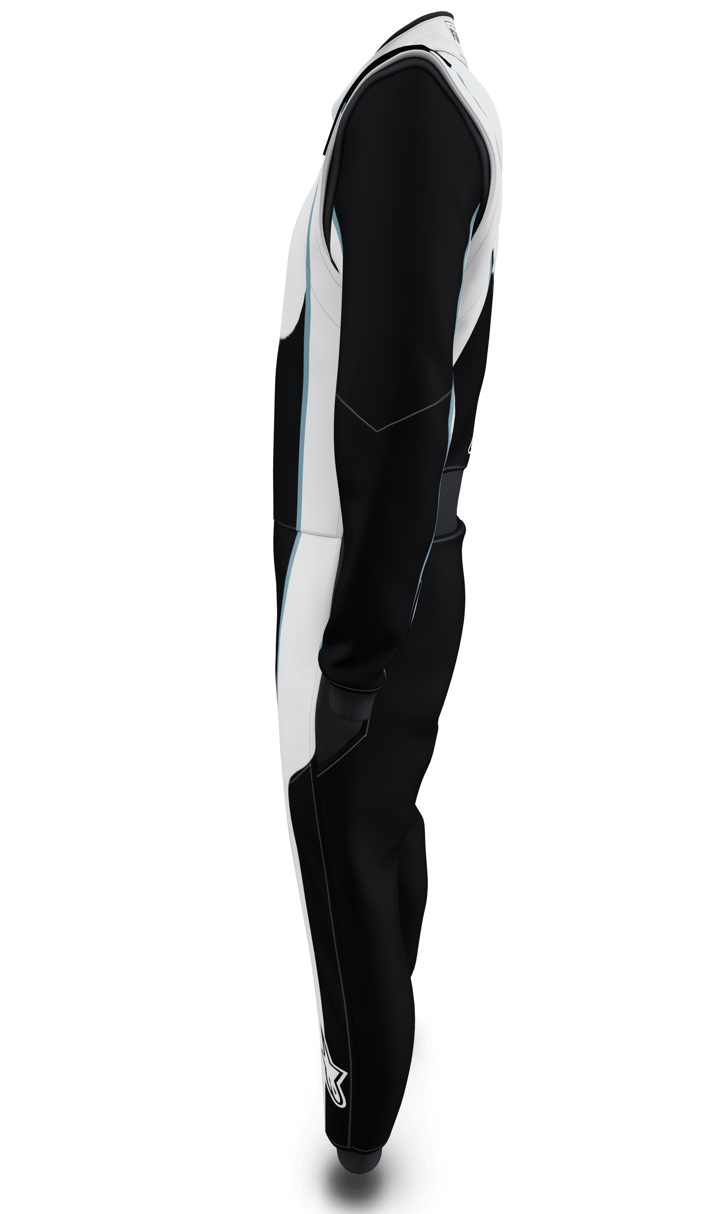 Alpinestars Tech Vision V3 Custom Suit, side profile black and white FIA auto racing suit, fire-retardant Nomex construction.