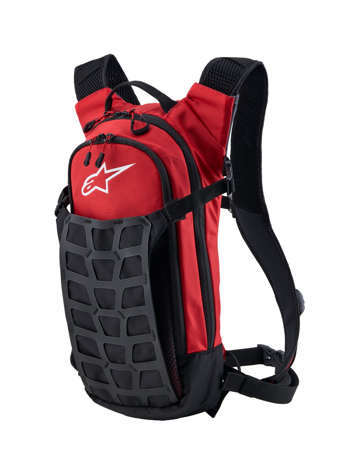 Alpinestars AT-9 rygsæk, motocross- og off-road-udstyr, rød og sort, slidstærk tekstilkonstruktion med polstrede skulderstropper og hvidt Alpinestars-logo til brug i paddocken og på rejser.