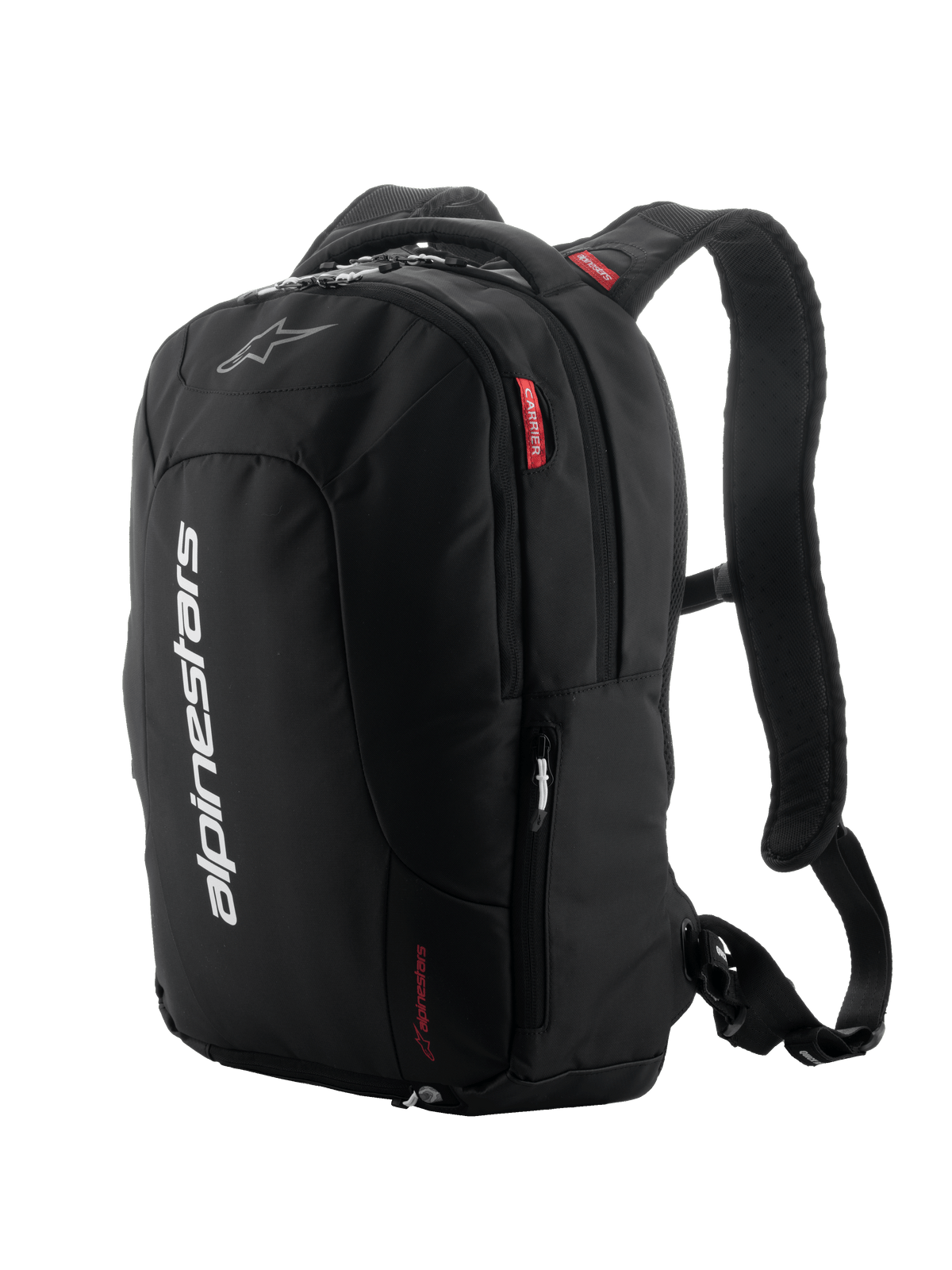 Alpinestars City Hunter V2 Backpack, Black with White and Red accents, Urban motorcycle backpack, Featuring padded mesh shoulder straps, multiple zippered compartments, vertical white branding, and red logo details, ergonomic design for riders