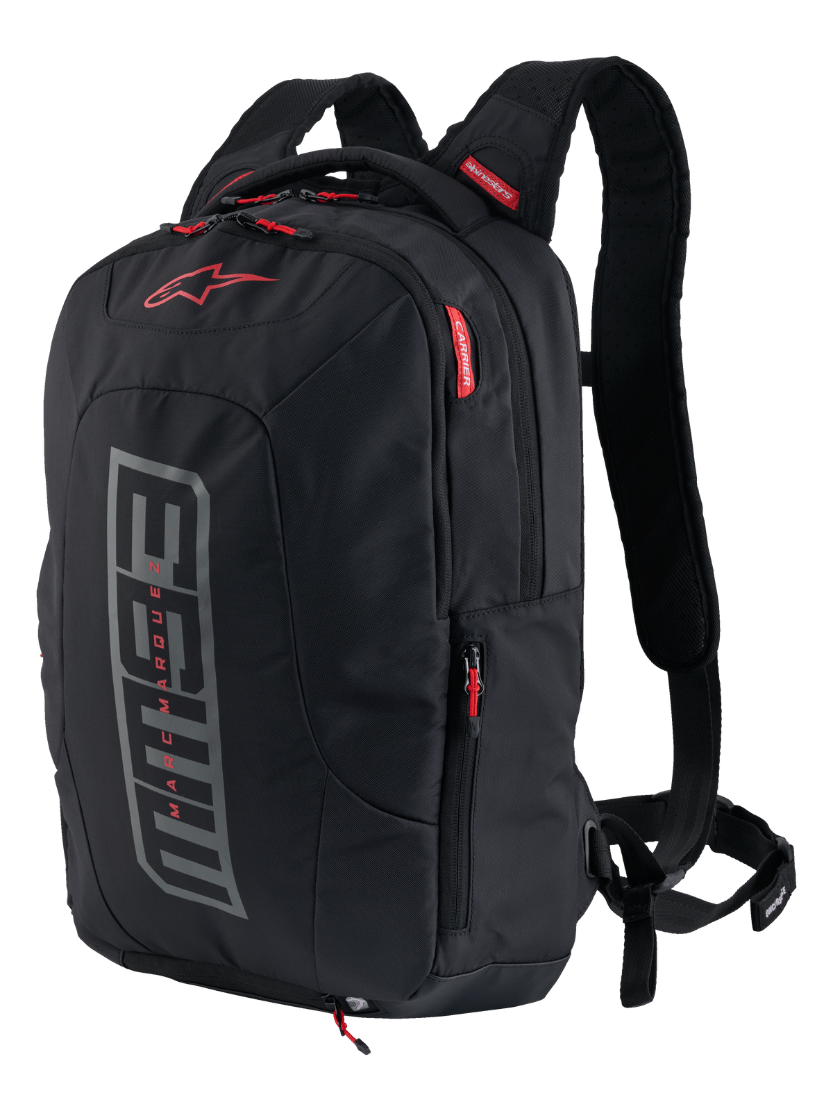 Alpinestars MM93 City Hunter V2 rygsæk, motorcykelrygsæk, sort med grå MM93-grafik og røde detaljer, Marc Marquez signatur-kollektion, polstrede skulderstropper og sidelommer, holdbart urbant design