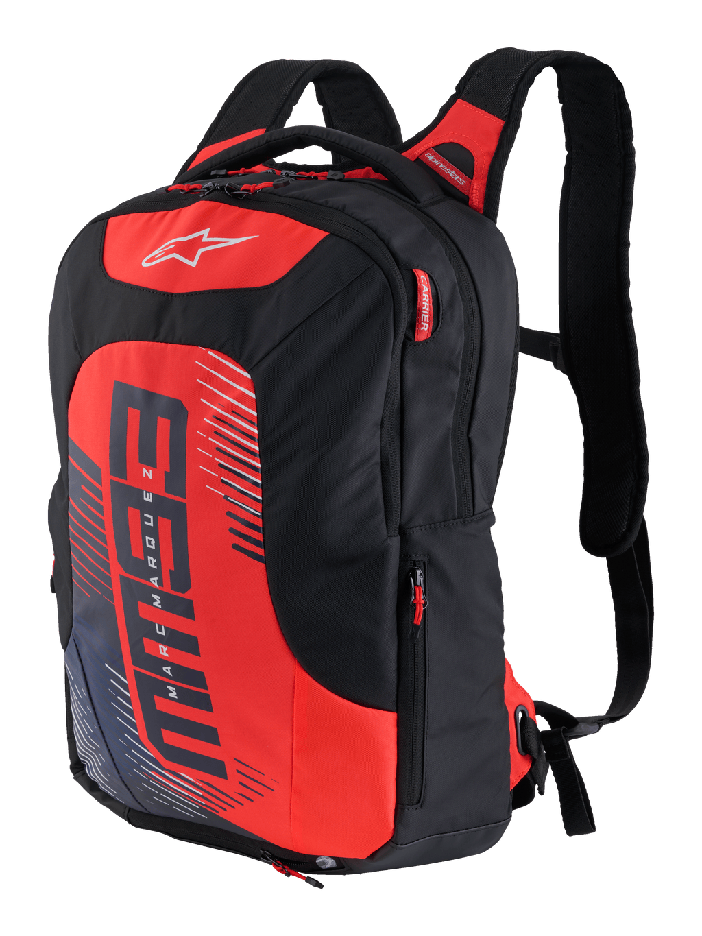MM93 City Hunter V2 rygsæk, sort og rød, sportslig motorcykelrygsæk med ergonomiske polstrede skulderremme, flere rum med røde lynlåsstropper, markant rødt frontpanel med MM93-logo og Marc Marquez grafiske elementer, slidstærkt poly-tekstil, strømlinet design