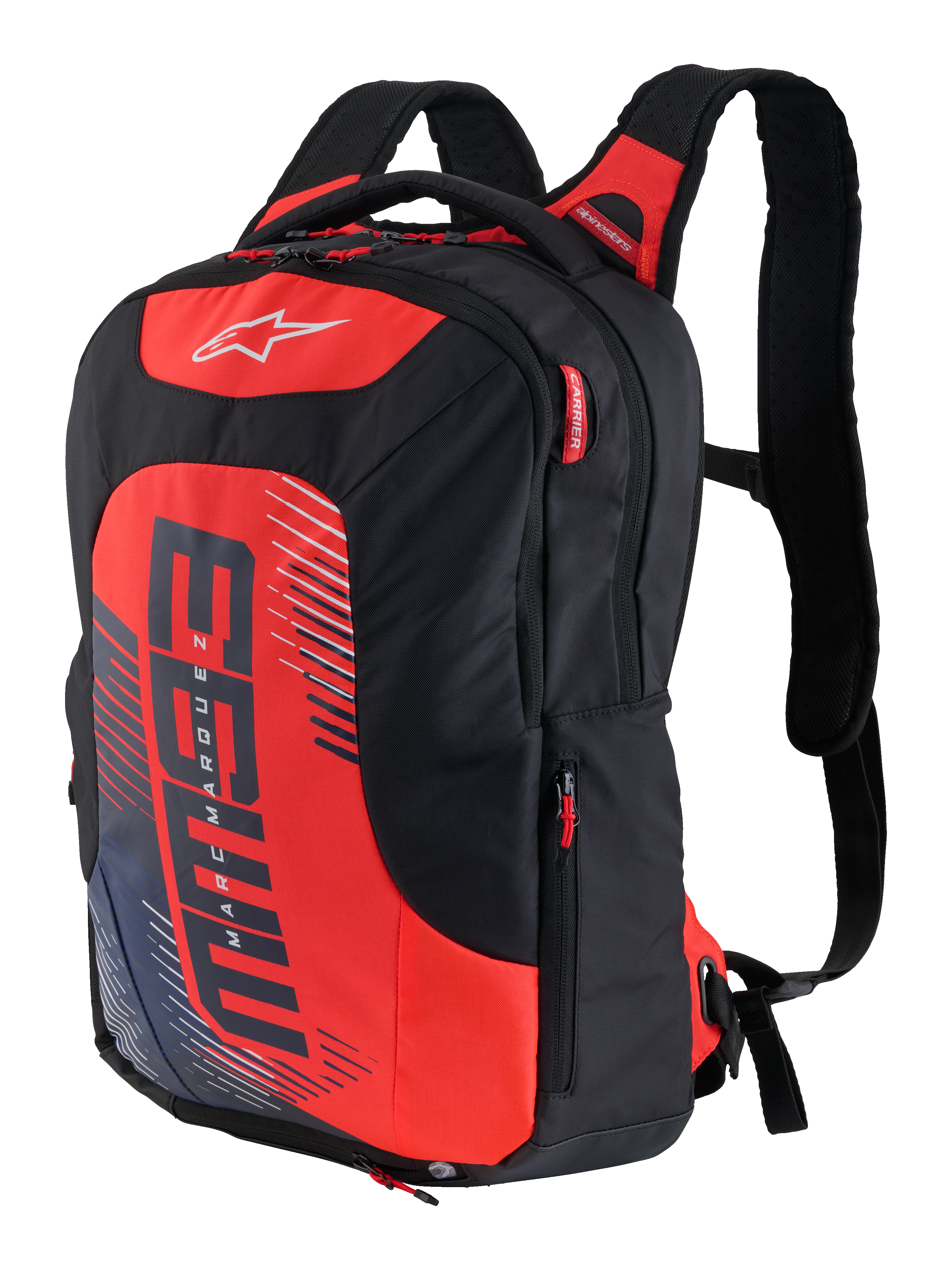 MM93 City Hunter V2 rygsæk, sort og rød, sportslig motorcykelrygsæk med ergonomiske polstrede skulderremme, flere rum med røde lynlåsstropper, markant rødt frontpanel med MM93-logo og Marc Marquez grafiske elementer, slidstærkt poly-tekstil, strømlinet design