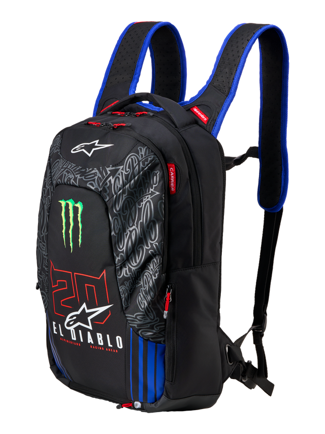 Alpinestars FQ20 City Hunter V2 Monster rygsæk, sort motorcykelrygsæk med blå skulderstropper, grønt Monster Energy-klo-logo, rødt '20' og hvid 'El Diablo'-branding, teknisk urbant køreudstyr med tilspidset profil