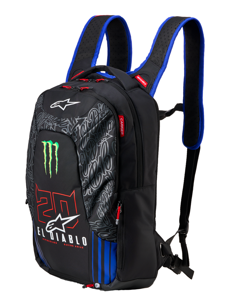 Alpinestars FQ20 City Hunter V2 Monster rygsæk, sort motorcykelrygsæk med blå skulderstropper, grønt Monster Energy-klo-logo, rødt '20' og hvid 'El Diablo'-branding, teknisk urbant køreudstyr med tilspidset profil