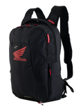 Honda City Hunter V2 Backpack, Urban Motorcycle Backpack, Black and Bright Red, featuring a large red Honda wing logo and Alpinestars branding, multiple zippered compartments with red pulls, ergonomic design with padded 3D mesh straps.