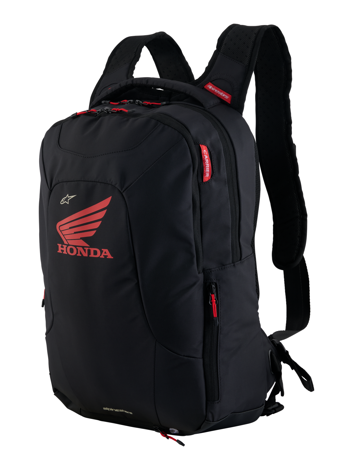 Honda City Hunter V2 Backpack, Urban Motorcycle Backpack, Black and Bright Red, featuring a large red Honda wing logo and Alpinestars branding, multiple zippered compartments with red pulls, ergonomic design with padded 3D mesh straps.