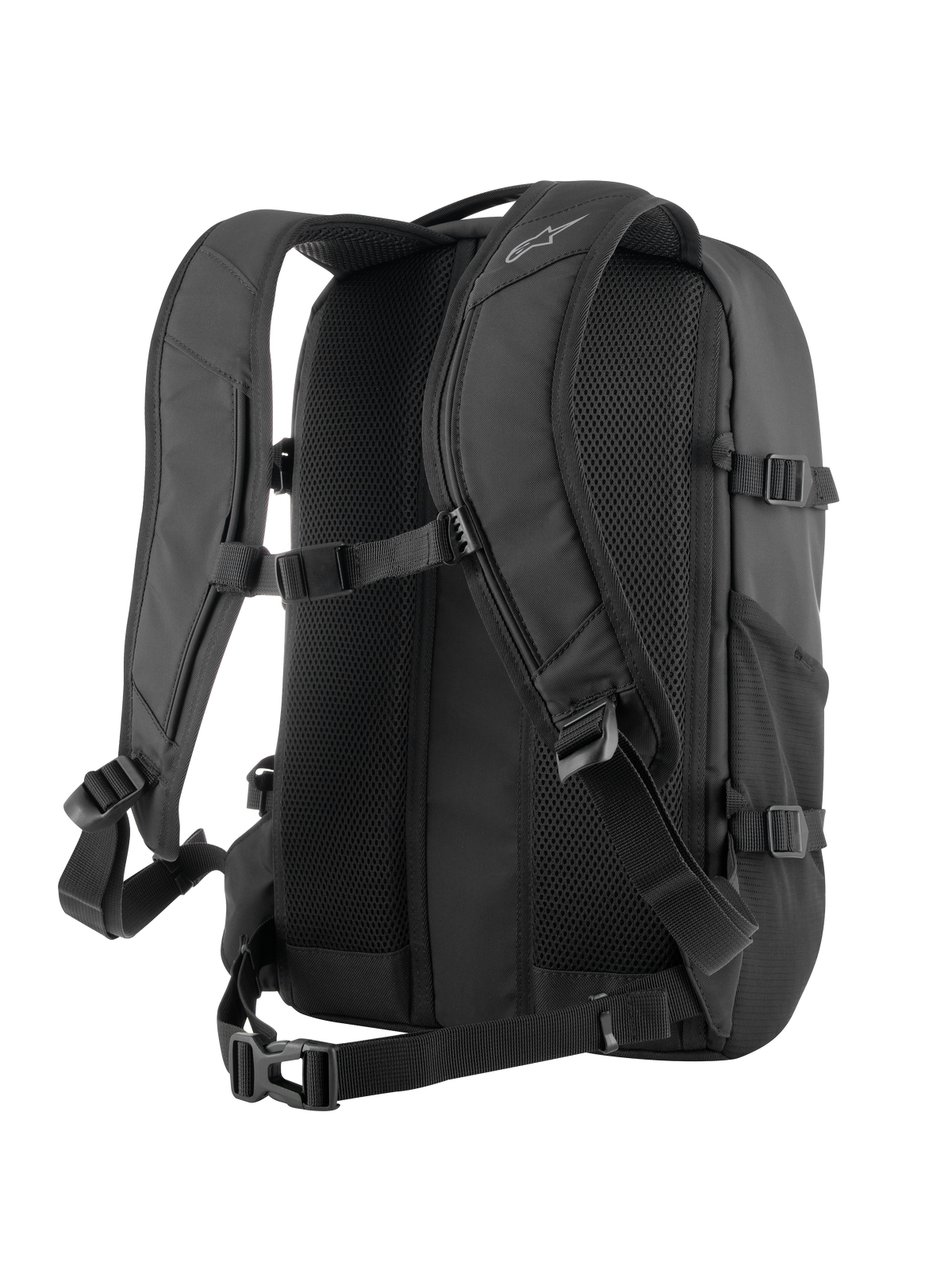 Alpinestars AMP3-rygsæk i sort, set bagfra med åndbart 3D-mesh-rygpanel med luftkanaler, justerbare ergonomiske skulderstropper, brystspænde og taljerem til motorcykelkørsel.