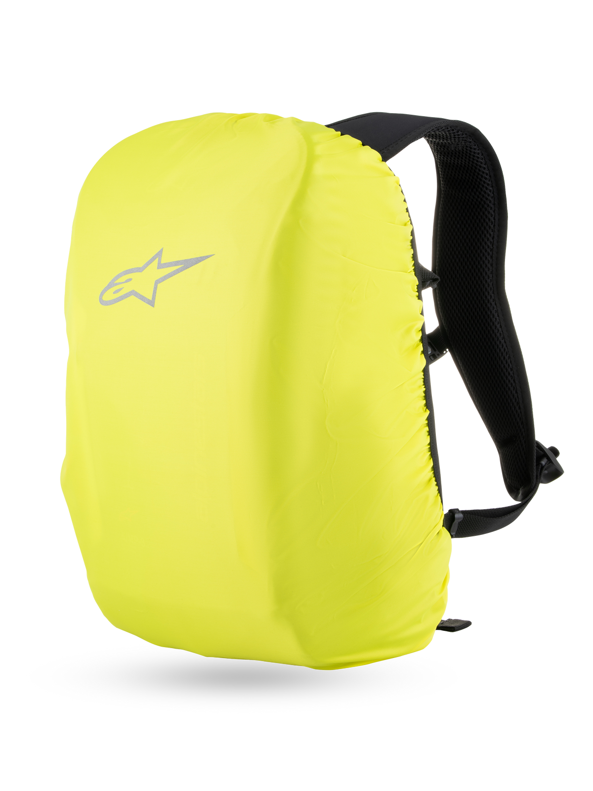Alpinestars AMP3 rygsæk med synligt regnslag, teknisk motorcykelrygsæk, fluorescerende gul og sort, med reflekterende stjernelogo til vejrbeskyttelse ved by- og landevejskørsel