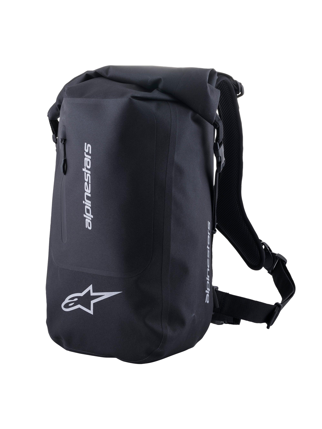 Alpinestars Sealed Sportstaske, sort vandtæt motorcykelrygsæk til sport og pendling, med rullelukning og reflekterende logoer