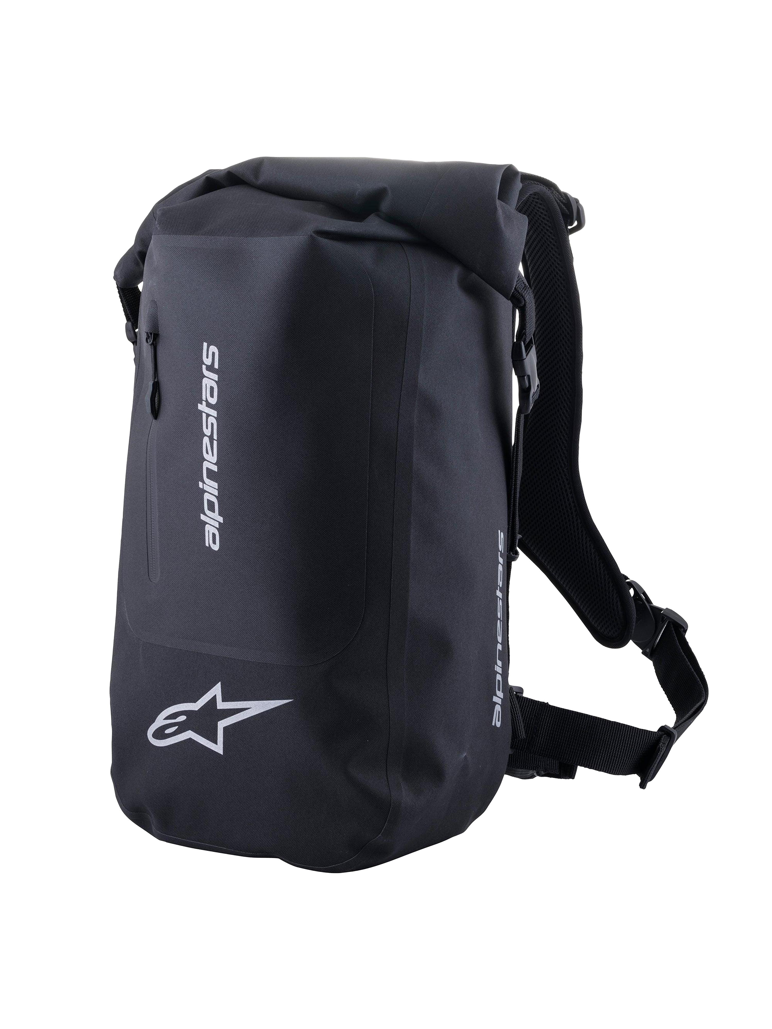 Alpinestars Sealed Sportstaske, sort vandtæt motorcykelrygsæk til sport og pendling, med rullelukning og reflekterende logoer