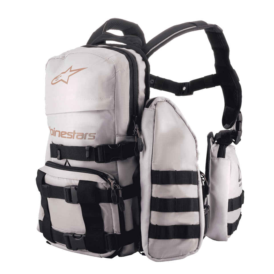 Alpinestars Techdura Tactical Pack, Light Gray Backpack with Black Straps, Multiple Compartments, Padded Adjustable Shoulder Straps, Durable Grid-Textured Fabric, Outdoor Adventure Backpack