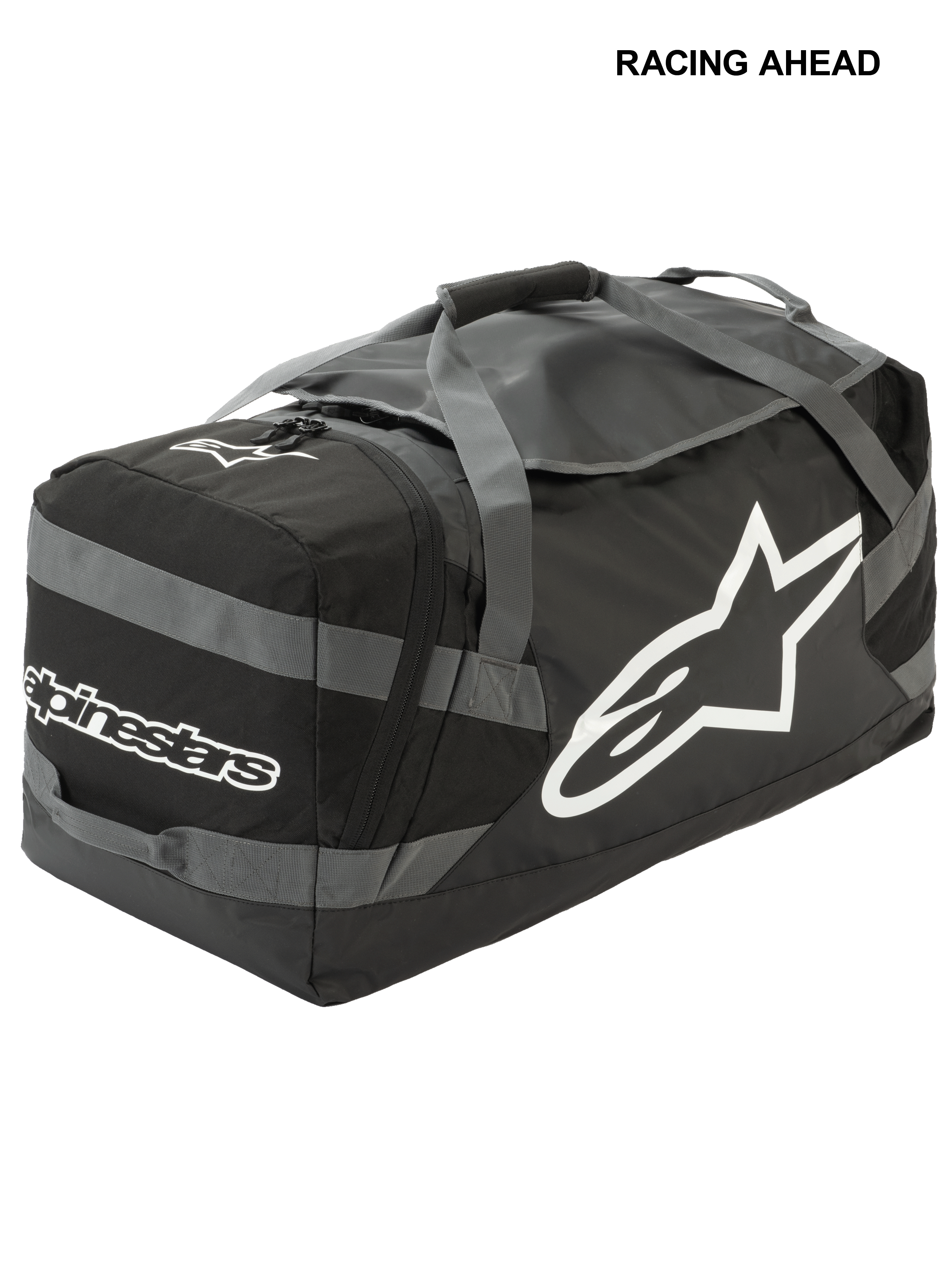 Alpinestars Goanna-taske, motocross duffeltaske, sort og antracitgrå med hvide logoer, har et stort stjernelogo på siden og navnetræk, holdbar presenningsbund, forstærkede bæreremme, stor opbevaringsplads til udstyr til off-road racing