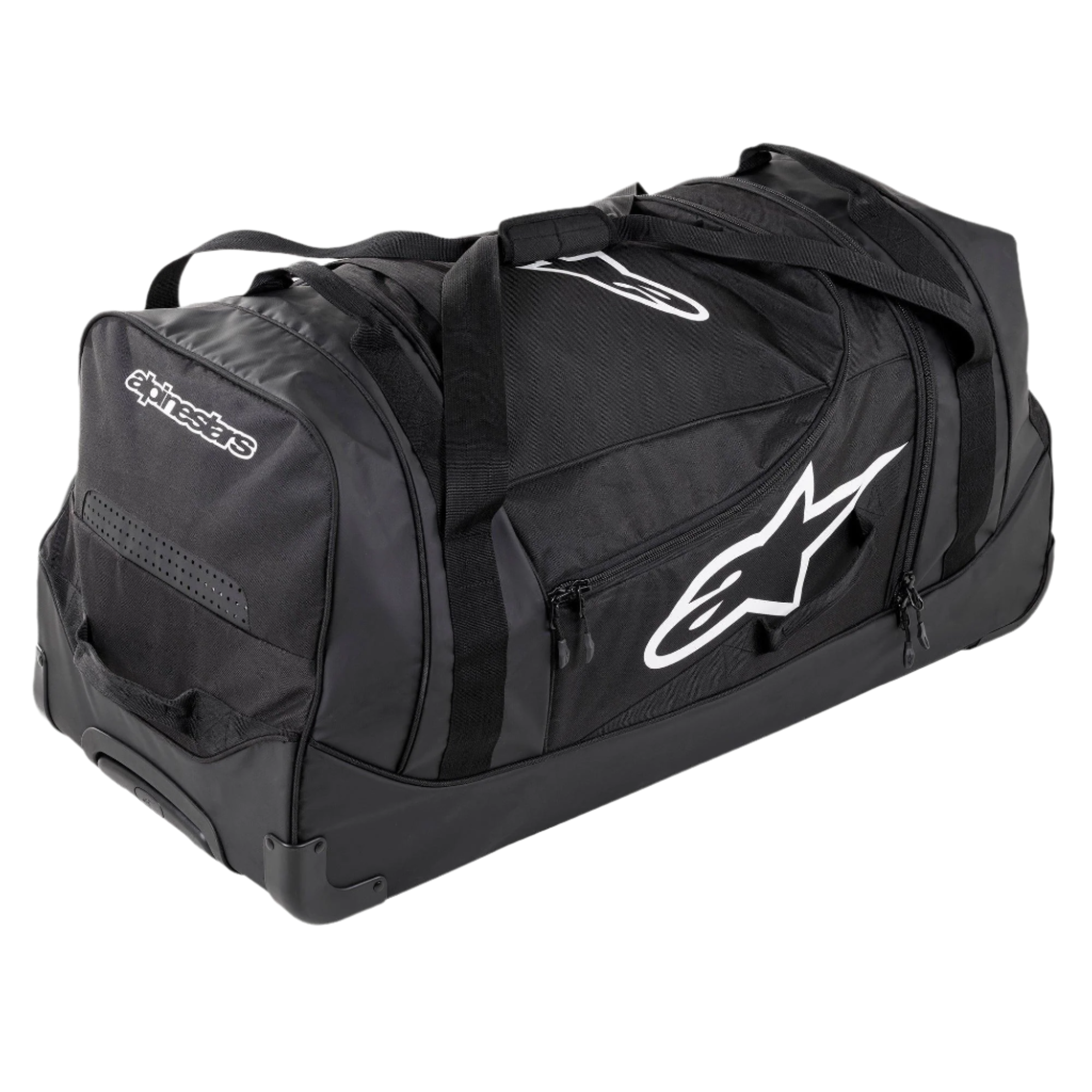 Alpinestars Komodo Travel Bag, large capacity gear bag, Black with white Alpinestars logos, featuring heavy-duty wheels, reinforced handles, and multiple zippered compartments for organized racing gear storage