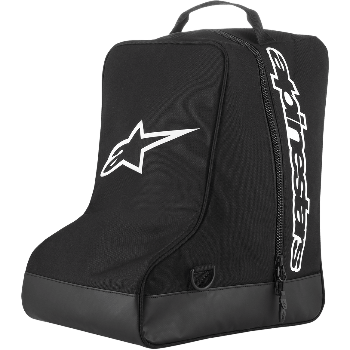 Alpinestars Boot Bag, Motocross gear storage, Black with white star logo and vertical wordmark, top webbing haul handle, reinforced tarpaulin base, durable 600D polyester, designed for off-road footwear