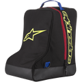 Alpinestars Boot Bag, Black and Yellow, Motocross Gear Storage Bag, Red zipper and Blue handle, featuring large Yellow star logo and Alpinestars branding, durable tarpaulin base, specialized luggage for off-road racing boots