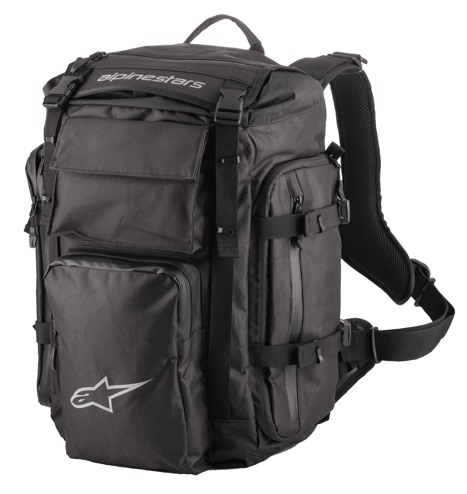 Alpinestars Rover Overland rygsæk, adventure touring-rygsæk, sort, hvidt Alpinestars-branding, flere rum med lynlås og kompressionsstropper, polstrede mesh-skulderstropper og ergonomisk sele, holdbart tekstildesign til langdistance-motorcykelrejser