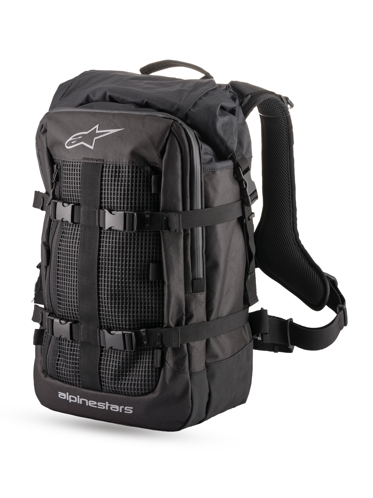 Alpinestars Rover Multi rygsæk, adventure-touring motorcykelrygsæk i sort, 32,4-liters tekstilkonstruktion med rulletop, kompressionsstropper og frontpanel med mesh og logodetaljer