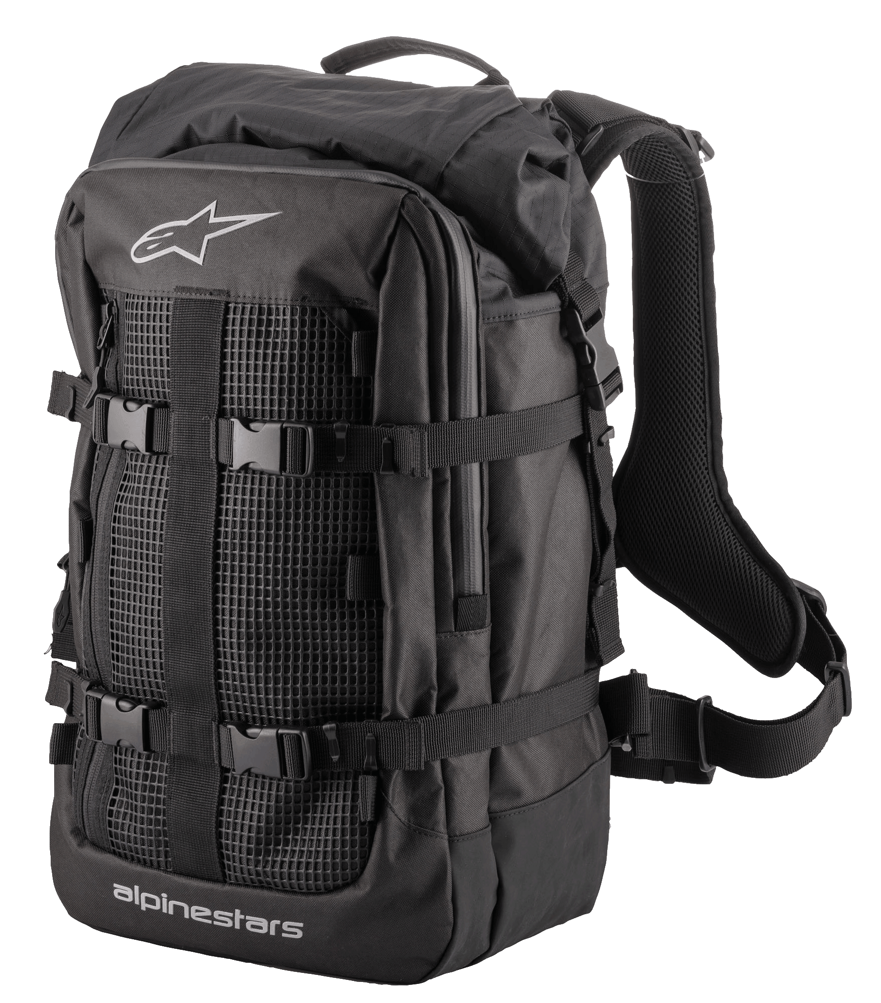 Alpinestars Rover Multi rygsæk, adventure touring-rygsæk, sort, med mesh-frontpanel, justerbare kompressionsstropper med spænder, polstrede ergonomiske skulderstropper og robust tekstilkonstruktion til motorcykelpendling og adventure-kørsel