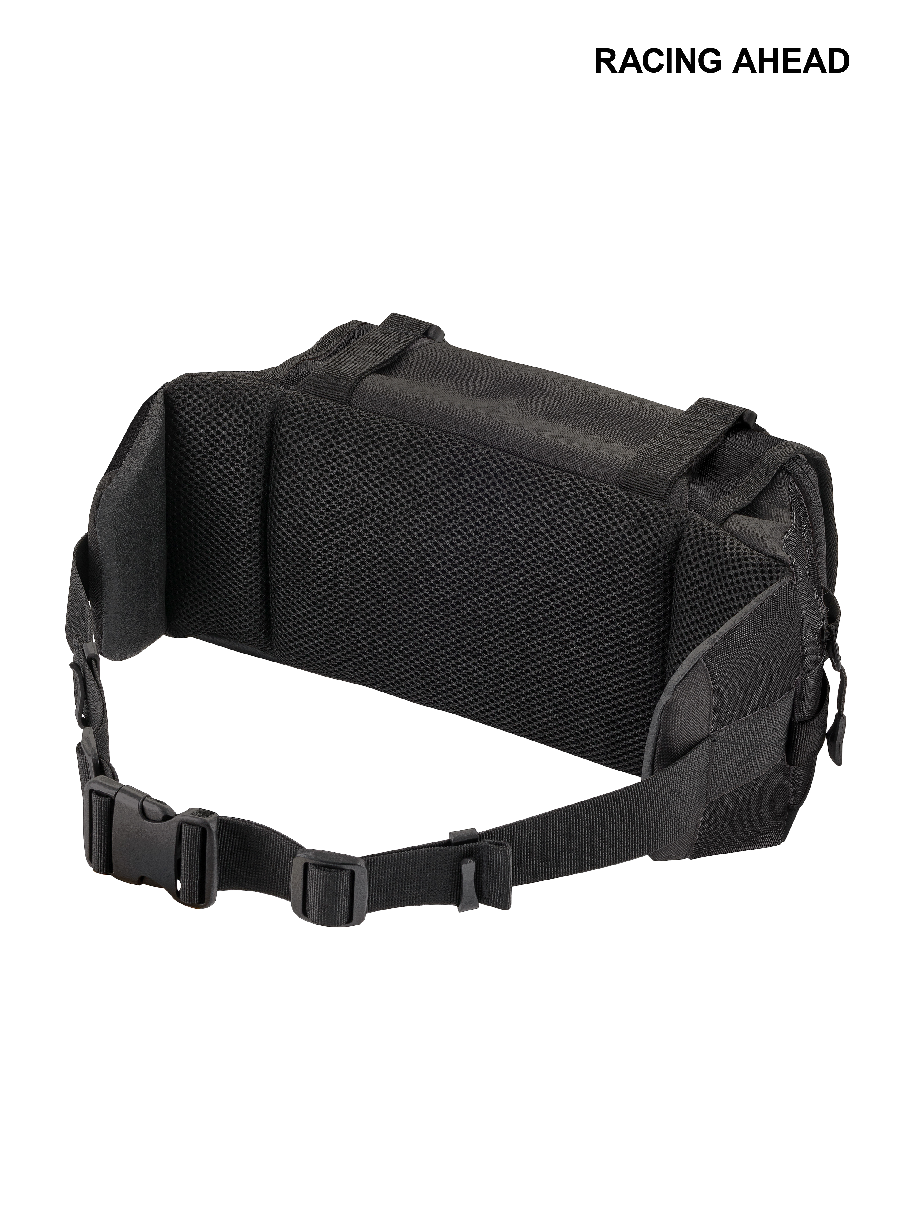 Alpinestars Tech Tool Pack, Enduro and Motocross Tool Bag, Black, rear view showing air-mesh back padding for ventilation, adjustable waist belt with secure plastic buckle, durable textile construction for off-road use
